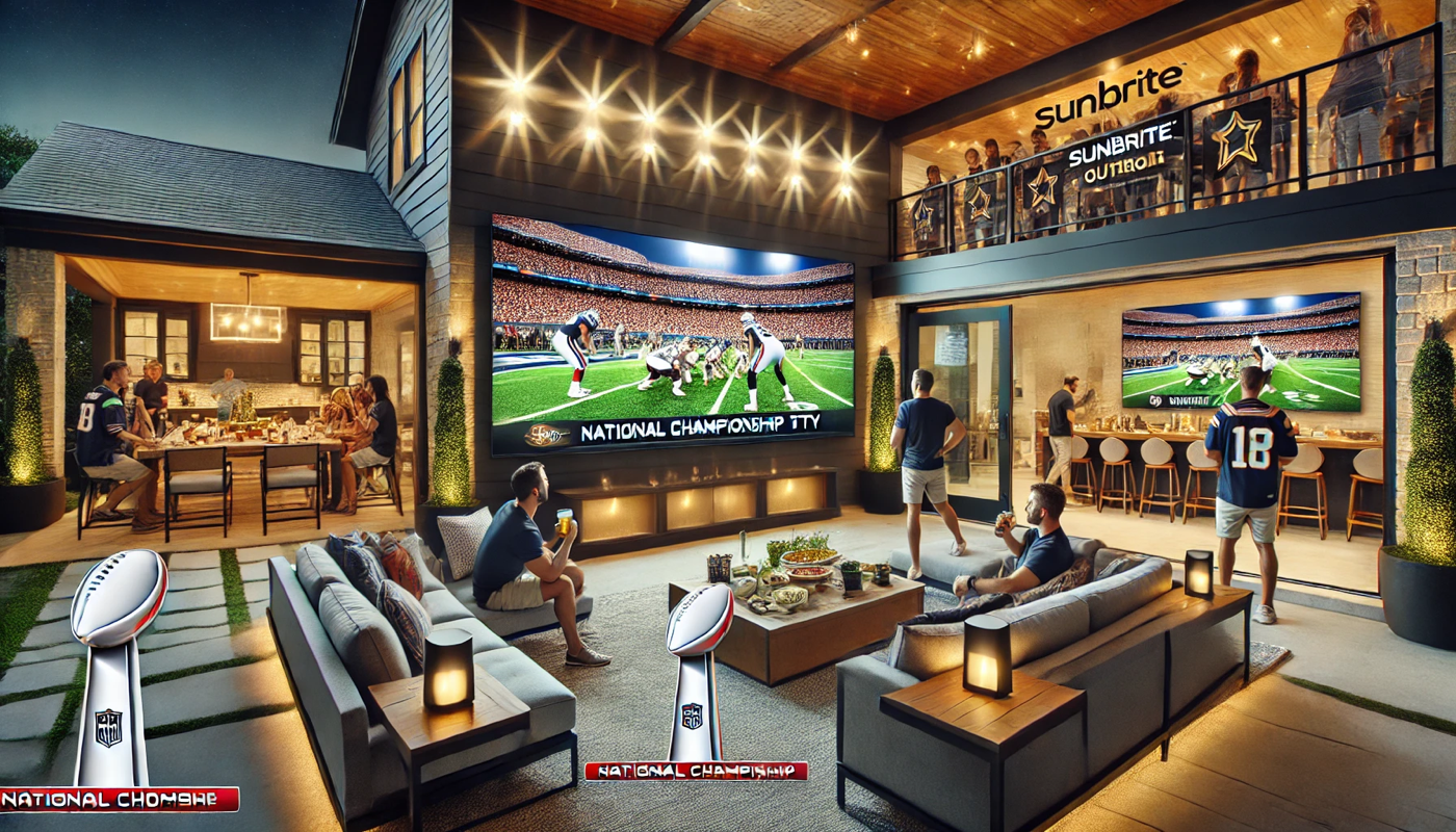 Festive outdoor living space with a huge wall-mounted TV showing a football national championship game, people lounging on modern patio furniture and on an upper balcony, surrounded by warm lighting and game-day decor.