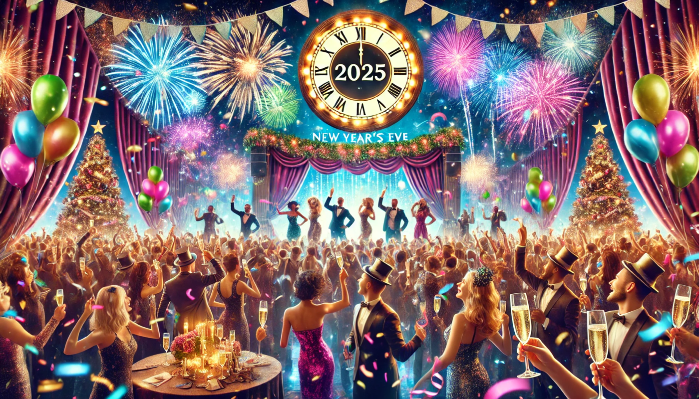 Festive New Year’s Eve 2025 celebration with a large clock overhead, colorful fireworks in the night sky, and a packed crowd in formal attire dancing, cheering, and raising champagne glasses in front of a lit stage.