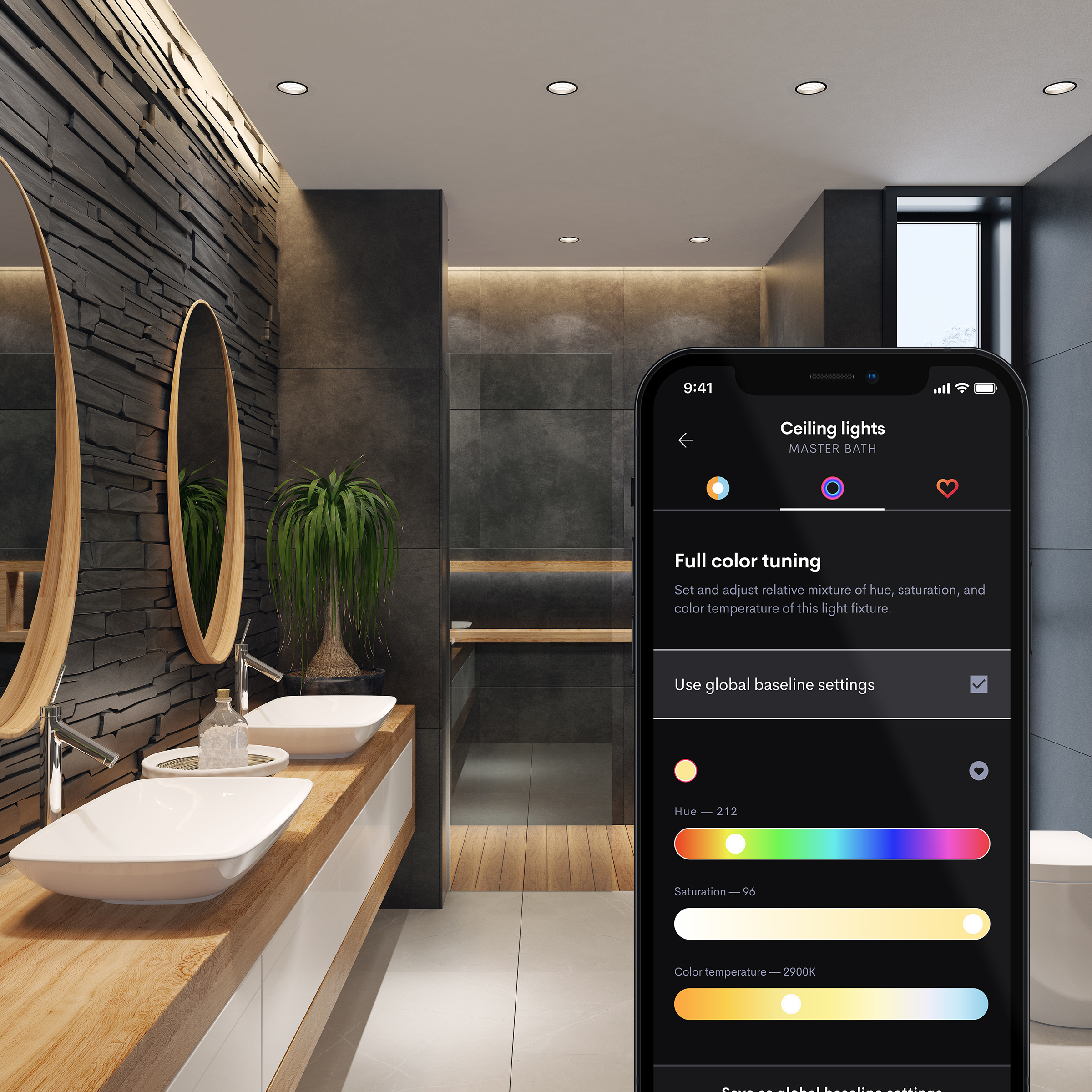 Modern bathroom with stone accent wall, dual vessel sinks, and warm recessed lighting, shown alongside a smartphone screen controlling the ‘Ceiling lights – Master Bath’ with full color-tuning sliders for hue, saturation, and color temperature.