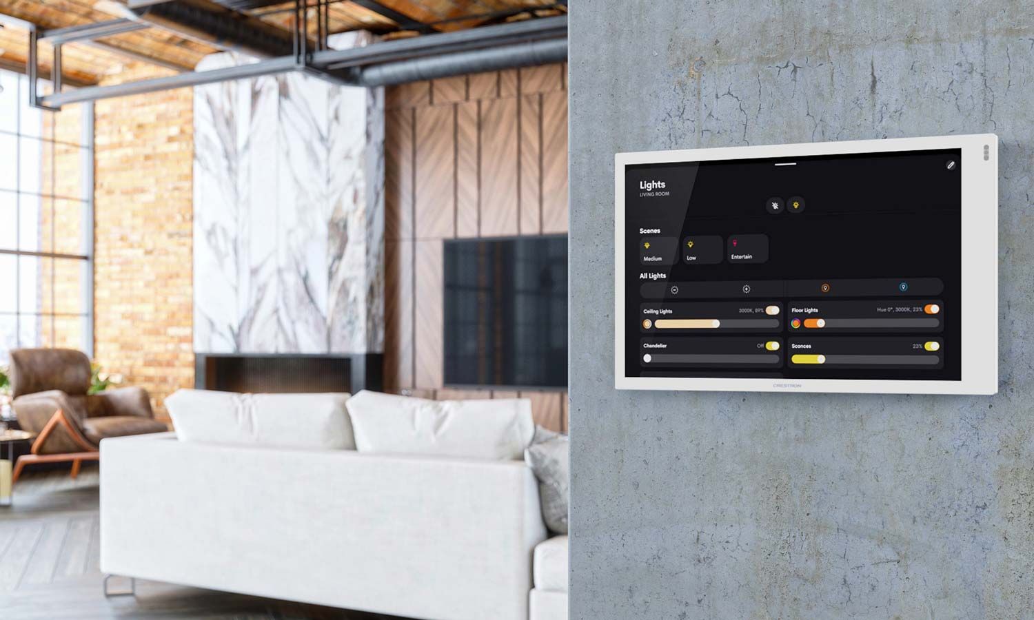 Control4 Touch panel in a able with a traditional home in the background
